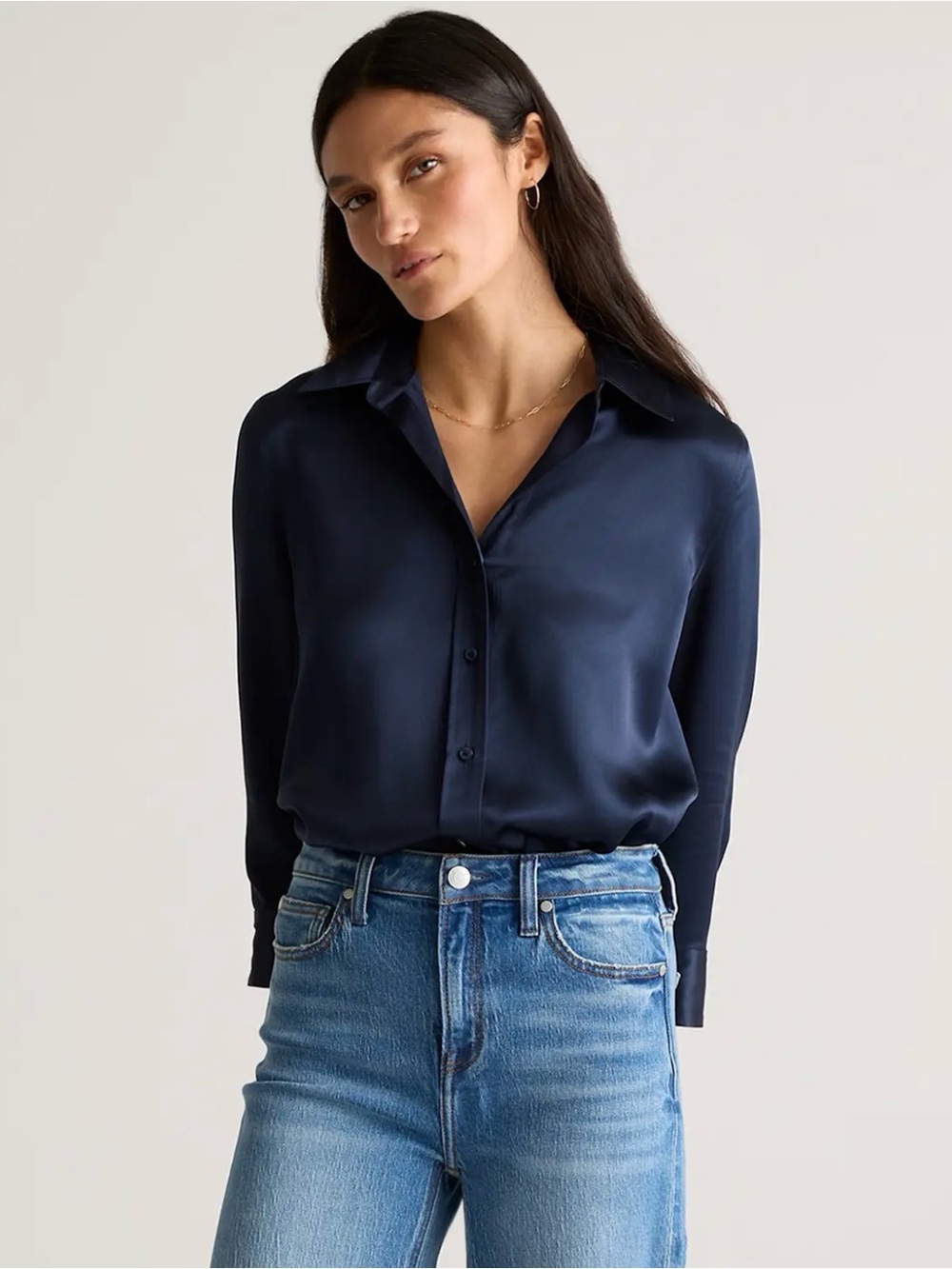 NWT Women’s Quince Washable Silk 3/4 sleeve navy blouse